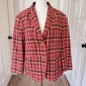 Talbots Cotton Blend Plaid Blazer Jacket Sz 12 Coral Career Workwear Casual‎
